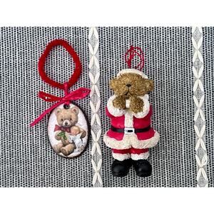 Lot of 2 VTG Teddy Bear Santa Christmas Ornaments 80s 90s Traditional Country